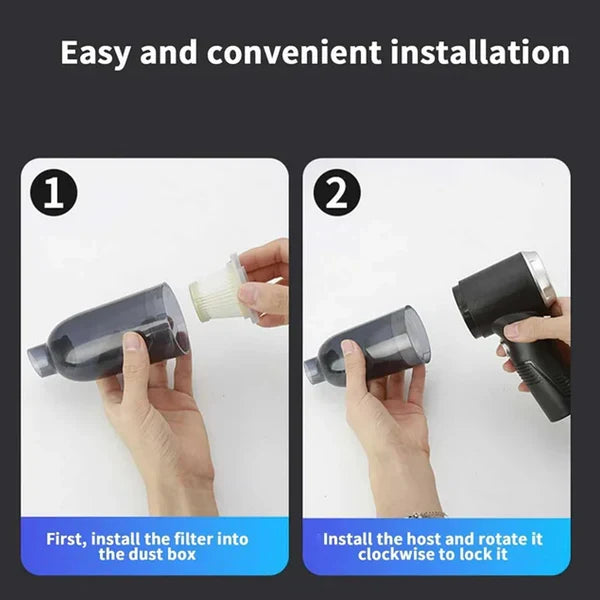 Easy installation steps for 3 in 1 mini vacuum for home showing filter and host assembly